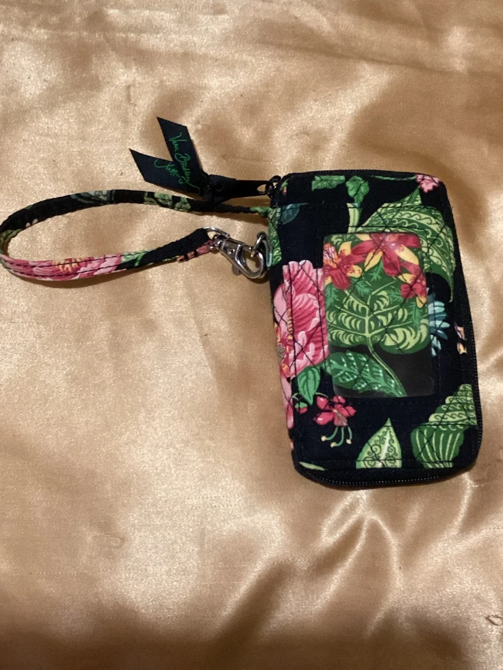 Vera Bradley Black Floral Wristlet Phone Wallet with Green & Pink Leaves